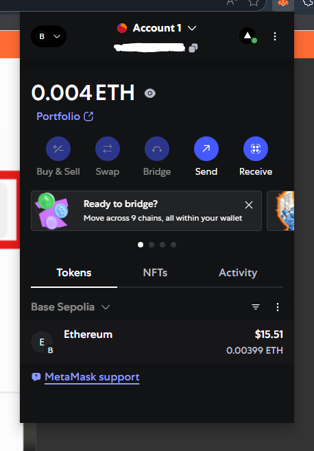 Wallet balance showing testnet ETH and USDC tokens