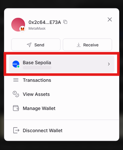 Base Sepolia network selected in wallet