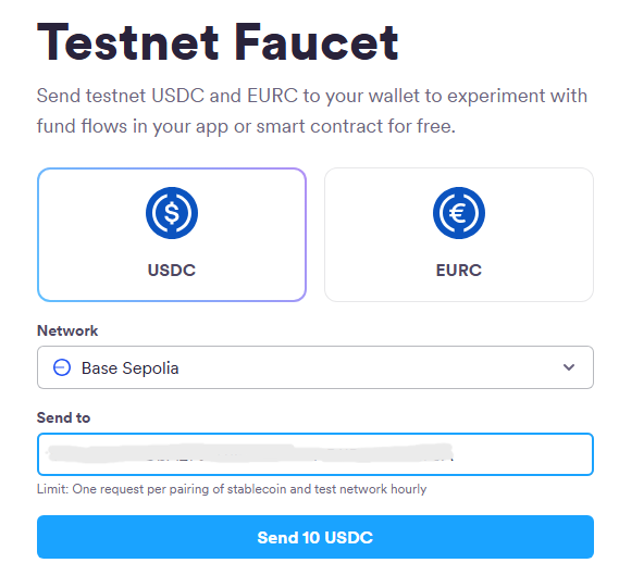 Circle Testnet Faucet showing Base-Sepolia USDC option